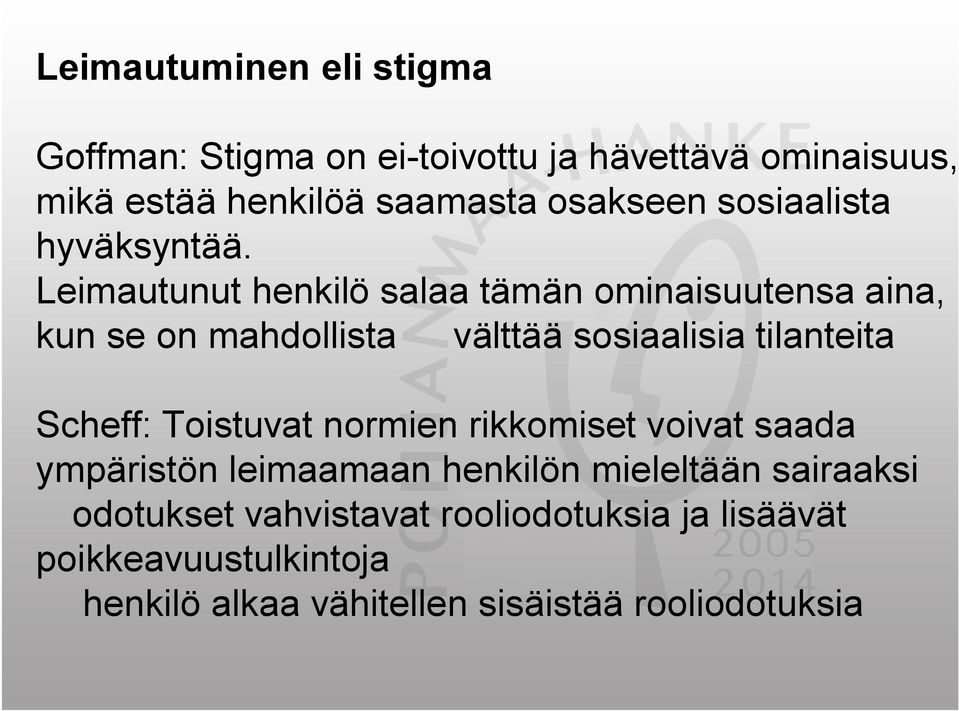 Leimautunut henkilö salaa tämän ominaisuutensa aina, kun se on mahdollista välttää sosiaalisia tilanteita Scheff: