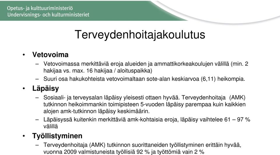 Terveydenhoitaja (AMK) tutkinnon heikoimmankin toimipisteen 5-vuoden läpäisy parempaa kuin kaikkien alojen amk-tutkinnon läpäisy keskimäärin.