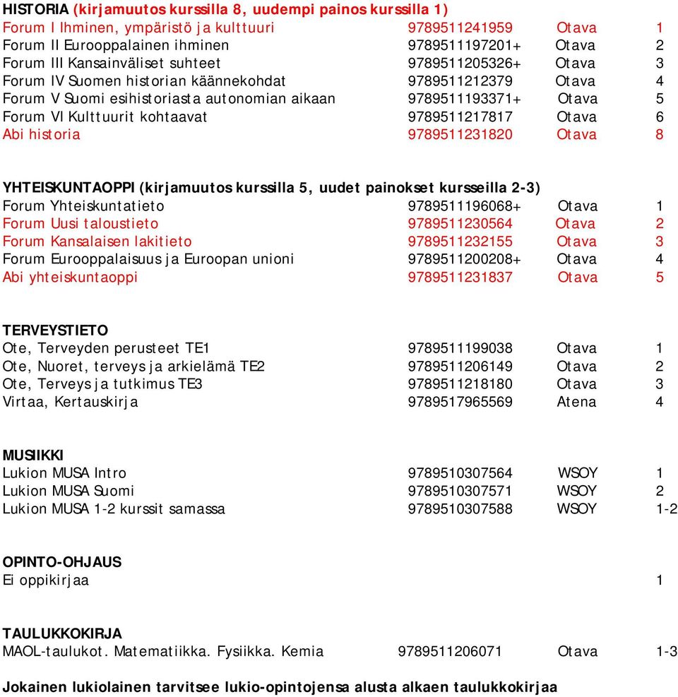 kohtaavat 9789511217817 Otava 6 Abi historia 9789511231820 Otava 8 YHTEISKUNTAOPPI (kirjamuutos kurssilla 5, uudet painokset kursseilla 2-3) Forum Yhteiskuntatieto 9789511196068+ Otava 1 Forum Uusi