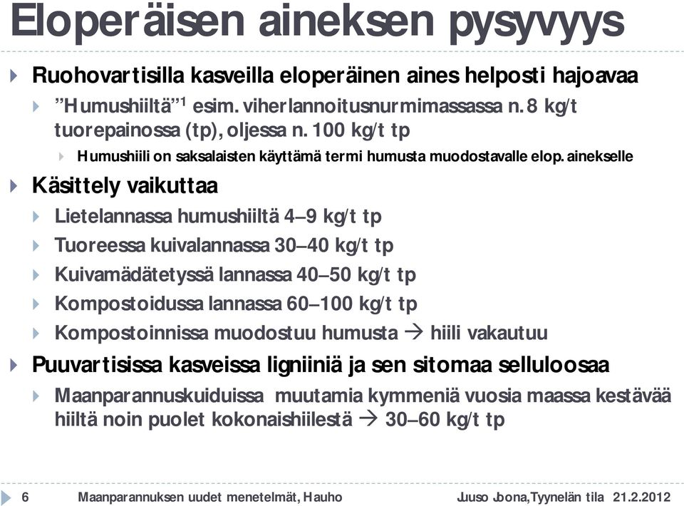 ainekselle Käsittely vaikuttaa Lietelannassa humushiiltä 4 9 kg/t tp Tuoreessa kuivalannassa 30 40 kg/t tp Kuivamädätetyssä lannassa 40 50 kg/t tp Kompostoidussa lannassa 60 100 kg/t