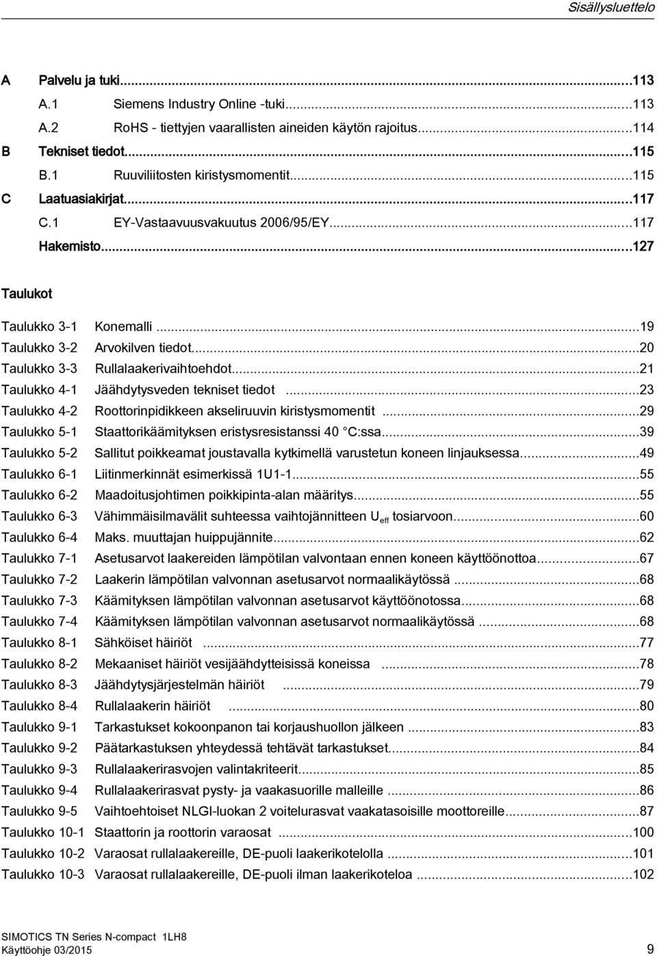 ..20 Taulukko 3-3 Rullalaakerivaihtoehdot...21 Taulukko 4-1 Jäähdytysveden tekniset tiedot...23 Taulukko 4-2 Roottorinpidikkeen akseliruuvin kiristysmomentit.