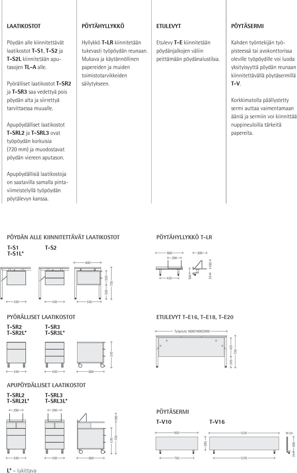 Apupöydälliset laatikostot T-SRL2 ja T-SRL3 ovat työpöydän korkuisia (720 mm) ja muodostavat pöydän viereen aputason. Hyllykkö T-LR kiinnitetään tukevasti työpöydän reunaan.