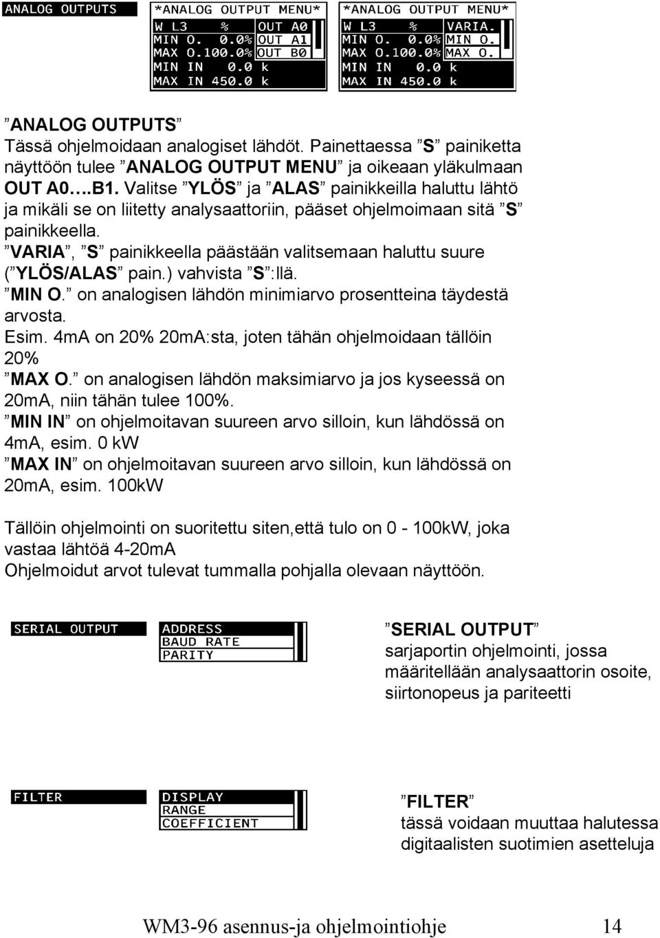 VARIA, S painikkeella päästään valitsemaan haluttu suure ( YLÖS/ALAS pain.) vahvista S :llä. MIN O. on analogisen lähdön minimiarvo prosentteina täydestä arvosta. Esim.