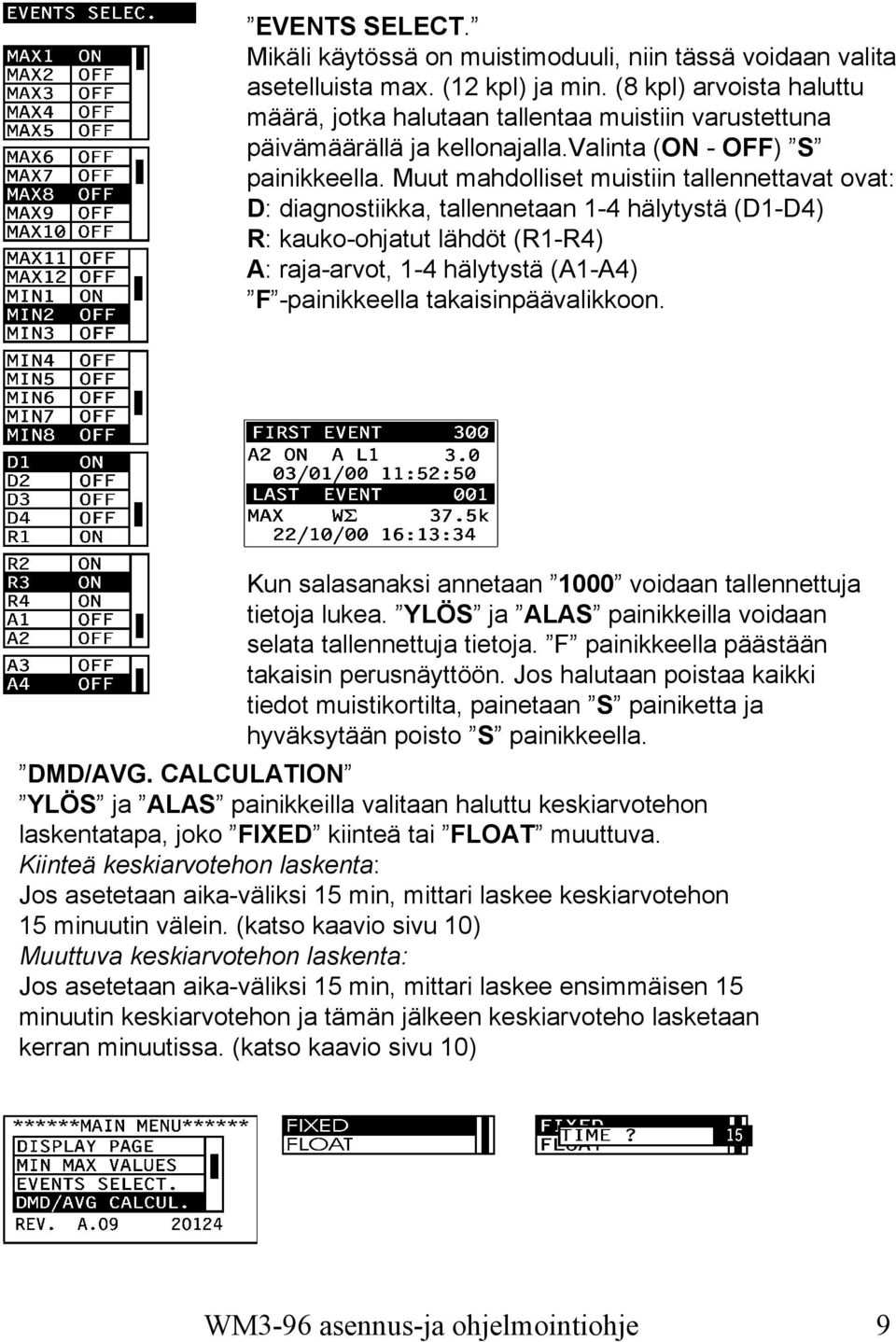 Muut mahdolliset muistiin tallennettavat ovat: D: diagnostiikka, tallennetaan 1-4 hälytystä (D1-D4) R: kauko-ohjatut lähdöt (R1-R4) A: raja-arvot, 1-4 hälytystä (A1-A4) F -painikkeella