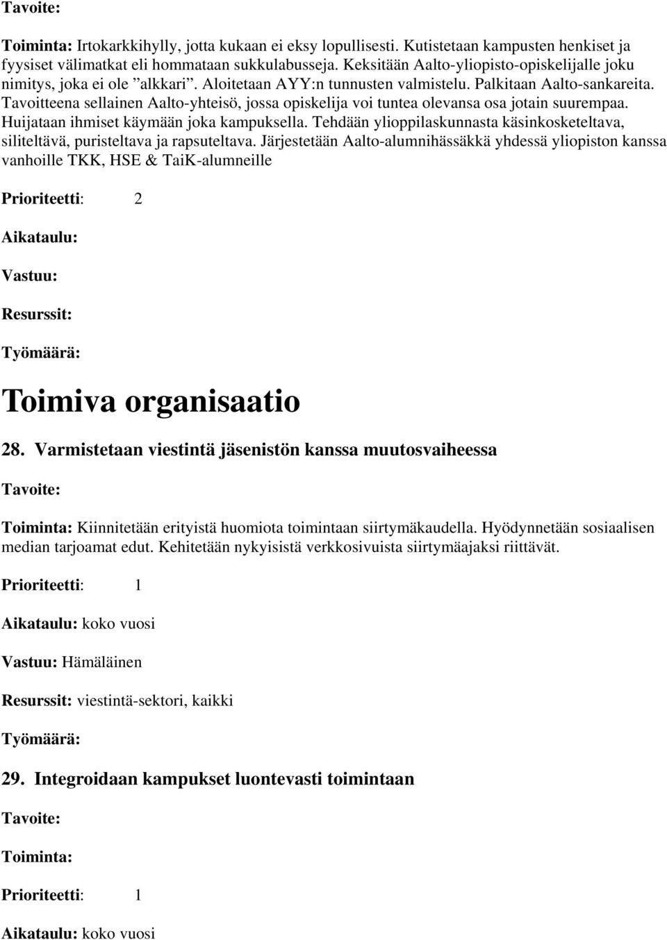 Tavoitteena sellainen Aalto-yhteisö, jossa opiskelija voi tuntea olevansa osa jotain suurempaa. Huijataan ihmiset käymään joka kampuksella.