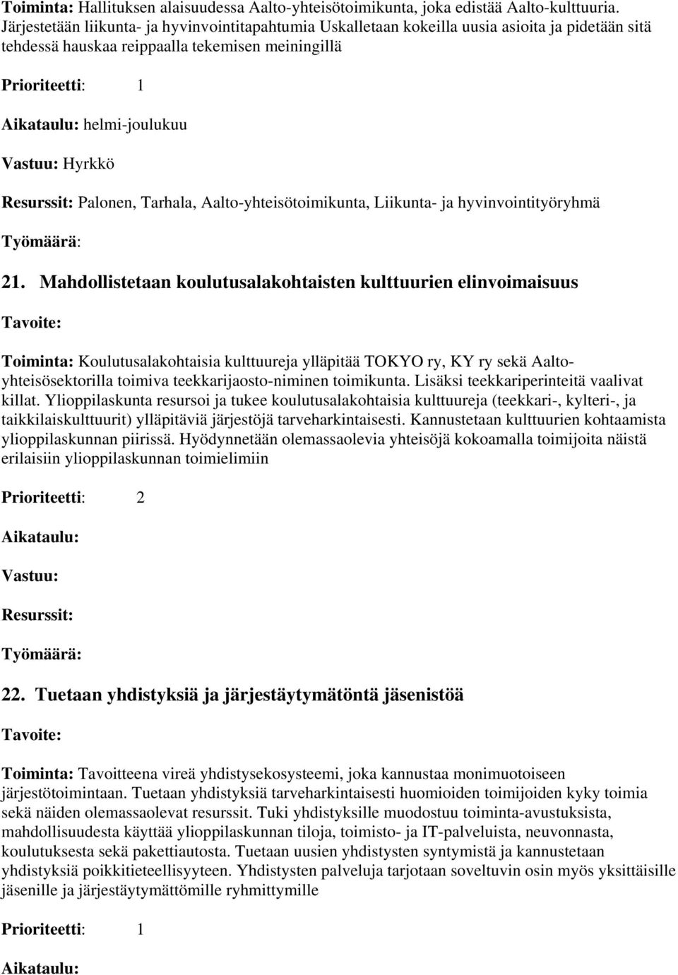 Resurssit: Palonen, Tarhala, Aalto-yhteisötoimikunta, Liikunta- ja hyvinvointityöryhmä 21.