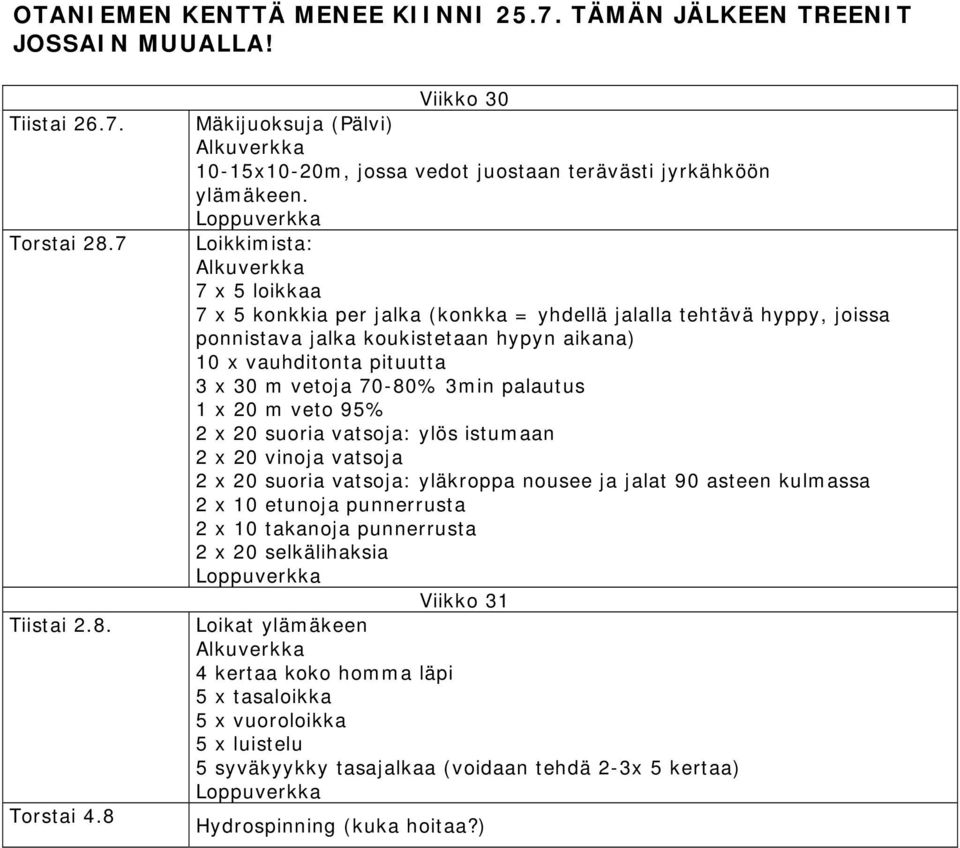 Loikkimista: 7 x 5 loikkaa 7 x 5 konkkia per jalka (konkka = yhdellä jalalla tehtävä hyppy, joissa ponnistava jalka koukistetaan hypyn aikana) 10 x vauhditonta pituutta 3 x 30 m vetoja 70-80% 3min