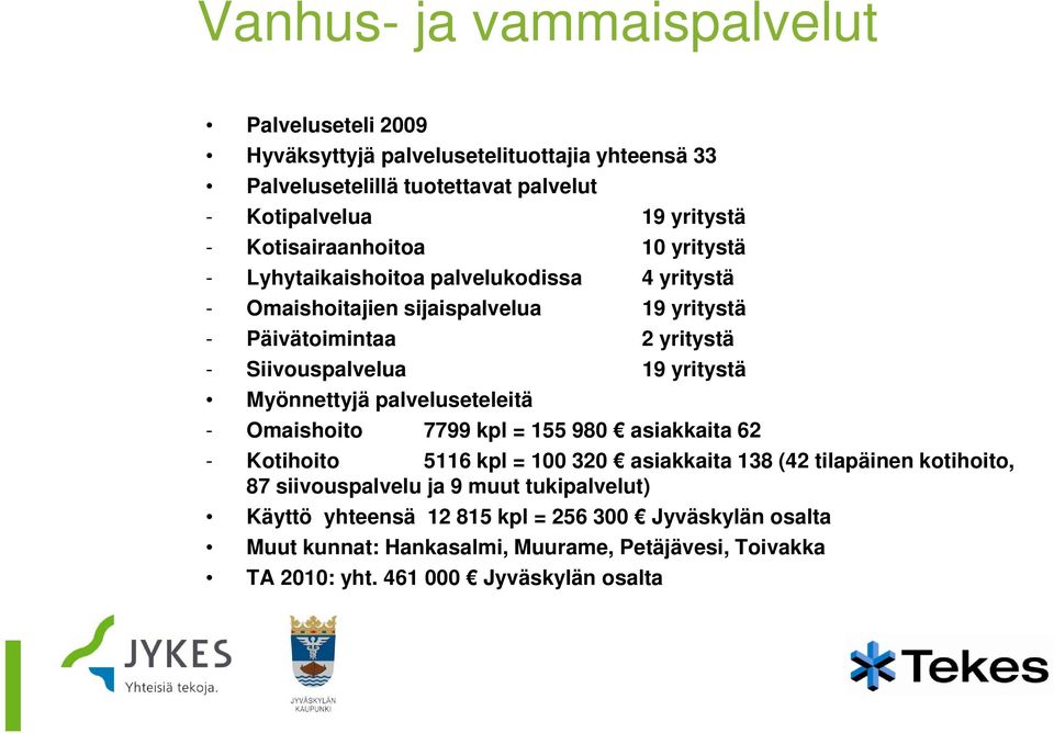 yritystä Myönnettyjä palveluseteleitä - Omaishoito it 7799 kpl = 155 980 asiakkaita it 62 - Kotihoito 5116 kpl = 100 320 asiakkaita 138 (42 tilapäinen kotihoito, 87