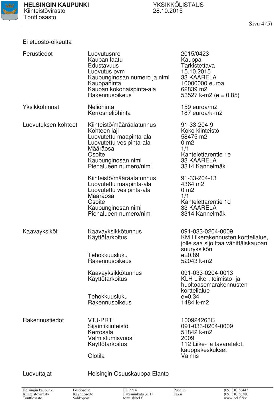 91-33-204-13 Luovutettu maapinta-ala 4364 m2 Kantelettarentie 1d Kaavayksiköt Kaavayksikkötunnus 091-033-0204-0009 KM Liikerakennusten, jolle saa sijoittaa vähittäiskaupan suuryksikön e=0.