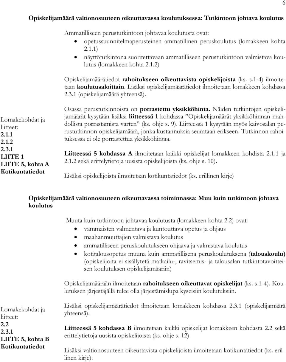 s.1-4) ilmoitetaan koulutusaloittain. Lisäksi opiskelijamäärätiedot ilmoitetaan lomakkeen kohdassa 2.3.1 (opiskelijamäärä yhteensä). 6 Lomakekohdat ja liitteet: 2.1.1 2.1.2 2.3.1 LIITE 1 LIITE 5, kohta A Kotikuntatiedot Osassa perustutkinnoista on porrastettu yksikköhinta.