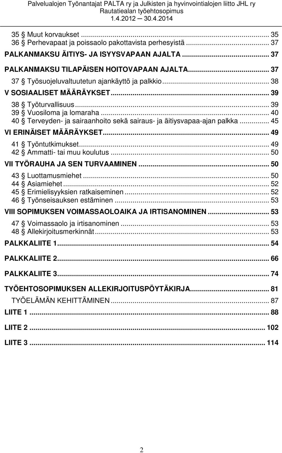 .. 40 40 Terveyden- ja sairaanhoito sekä sairaus- ja äitiysvapaa-ajan palkka... 45 VI ERINÄISET MÄÄRÄYKSET... 49 41 Työntutkimukset... 49 42 Ammatti- tai muu koulutus.