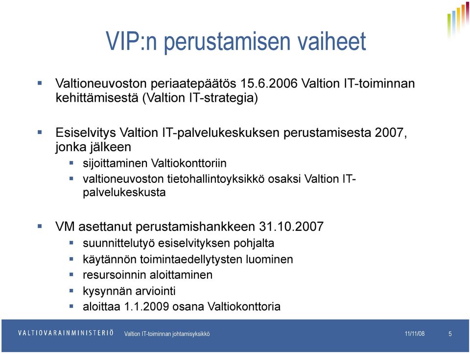 sijoittaminen Valtiokonttoriin valtioneuvoston tietohallintoyksikkö osaksi Valtion ITpalvelukeskusta VM asettanut perustamishankkeen 31.10.