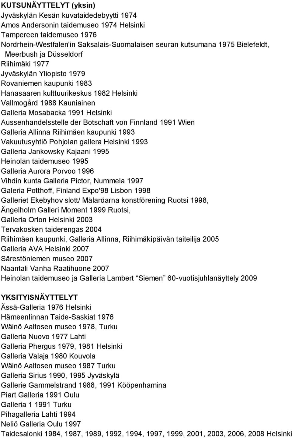 Helsinki Aussenhandelsstelle der Botschaft von Finnland 1991 Wien Galleria Allinna Riihimäen kaupunki 1993 Vakuutusyhtiö Pohjolan gallera Helsinki 1993 Galleria Jankowsky Kajaani 1995 Heinolan