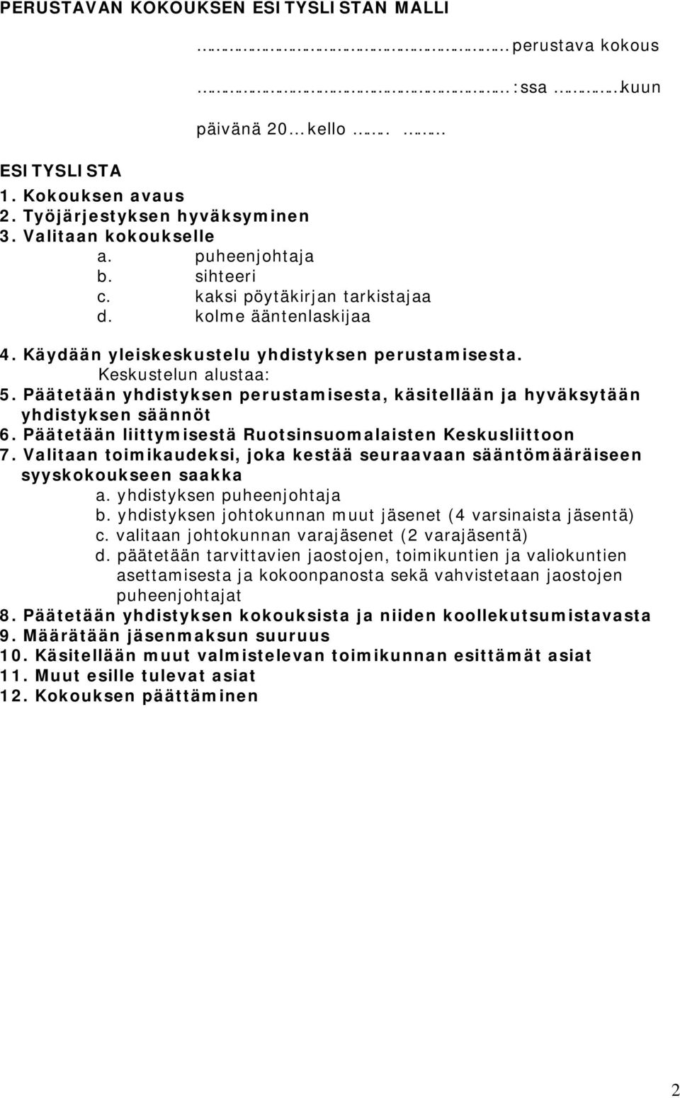 Päätetään yhdistyksen perustamisesta, käsitellään ja hyväksytään yhdistyksen säännöt 6. Päätetään liittymisestä Ruotsinsuomalaisten Keskusliittoon 7.