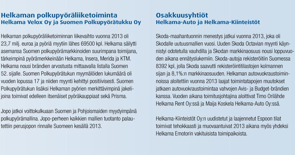Helkama nousi brändien arvostusta mittaavalla listalla Suomen 52. sijalle. Suomen Polkupyörätukun myymälöiden lukumäärä oli vuoden lopussa 17 ja niiden myynti kehittyi positiivisesti.