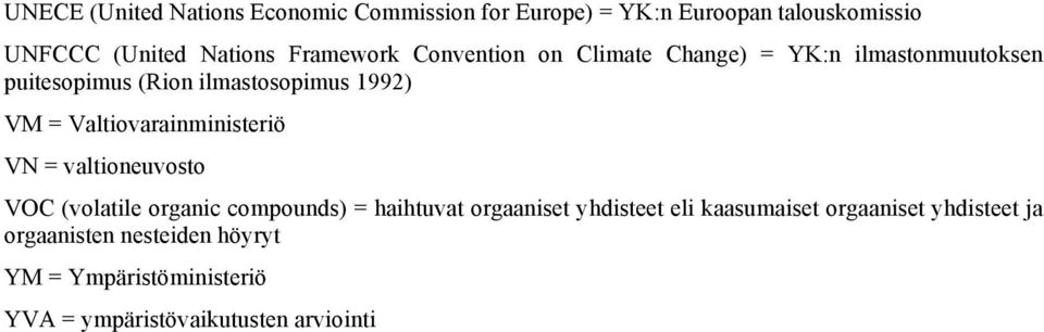 Valtiovarainministeriö VN = valtioneuvosto VOC (volatile organic compounds) = haihtuvat orgaaniset yhdisteet eli