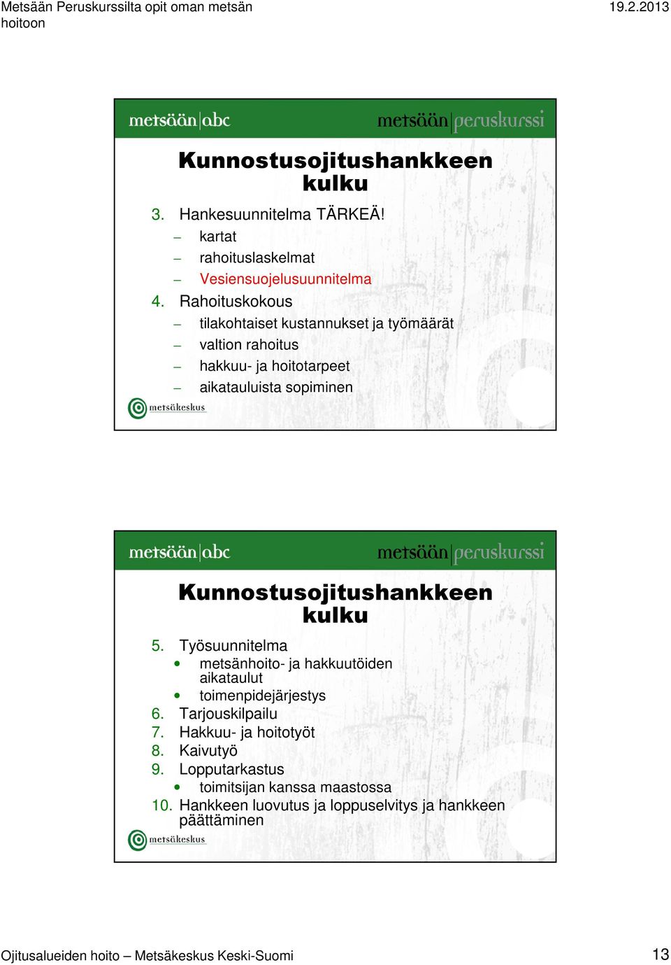 Kunnostusojitushankkeen kulku 5. Työsuunnitelma metsänhoito- ja hakkuutöiden aikataulut toimenpidejärjestys 6. Tarjouskilpailu 7.