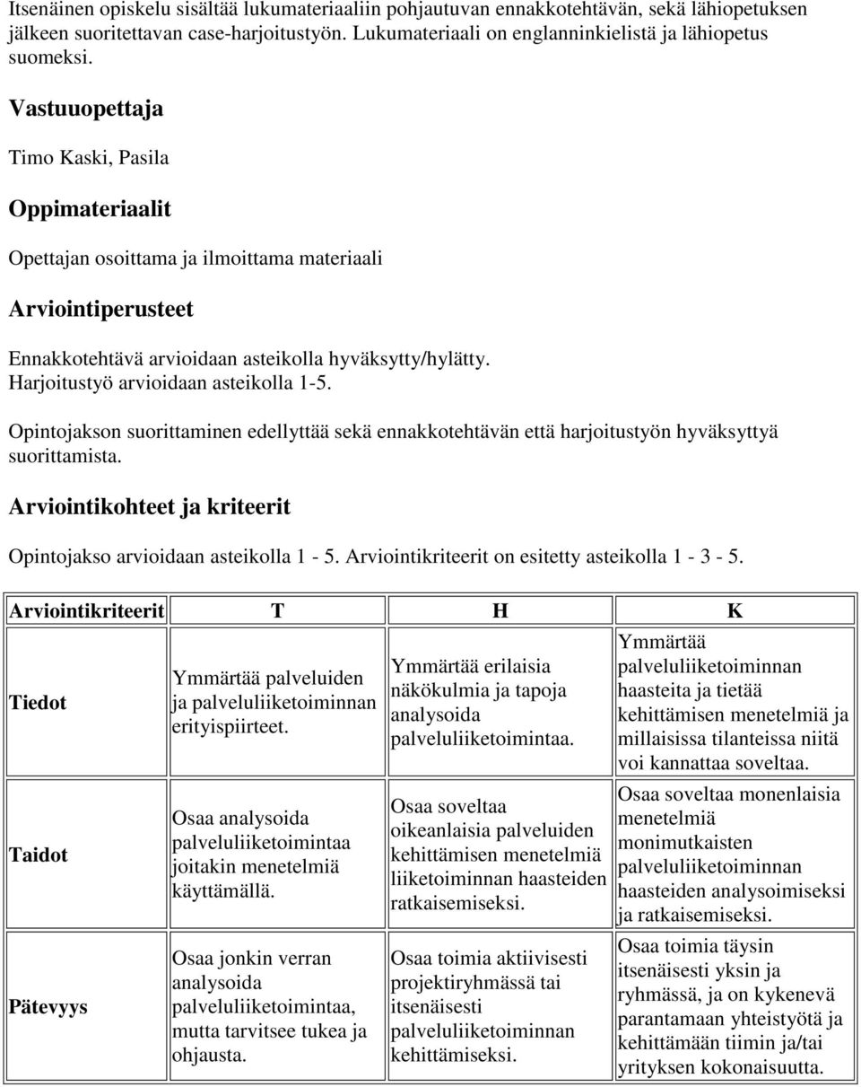 Harjoitustyö arvioidaan asteikolla 1-5. Opintojakson suorittaminen edellyttää sekä ennakkotehtävän että harjoitustyön hyväksyttyä suorittamista.