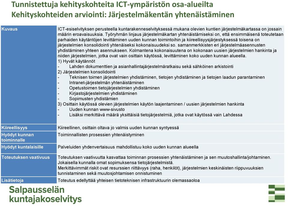 Työryhmän linjaus järjestelmäkartan yhtenäistämiseksi on, että ensimmäisenä toteutetaan parhaiden käytäntöjen levittäminen uuden kunnan toimintoihin ja kiireellisyysjärjestyksessä toisena on