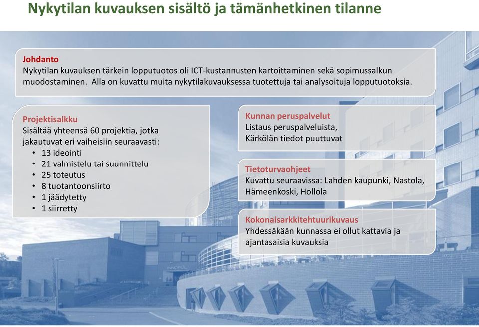 Projektisalkku Sisältää yhteensä 60 projektia, jotka jakautuvat eri vaiheisiin seuraavasti: 13 ideointi 21 valmistelu tai suunnittelu 25 toteutus 8 tuotantoonsiirto 1