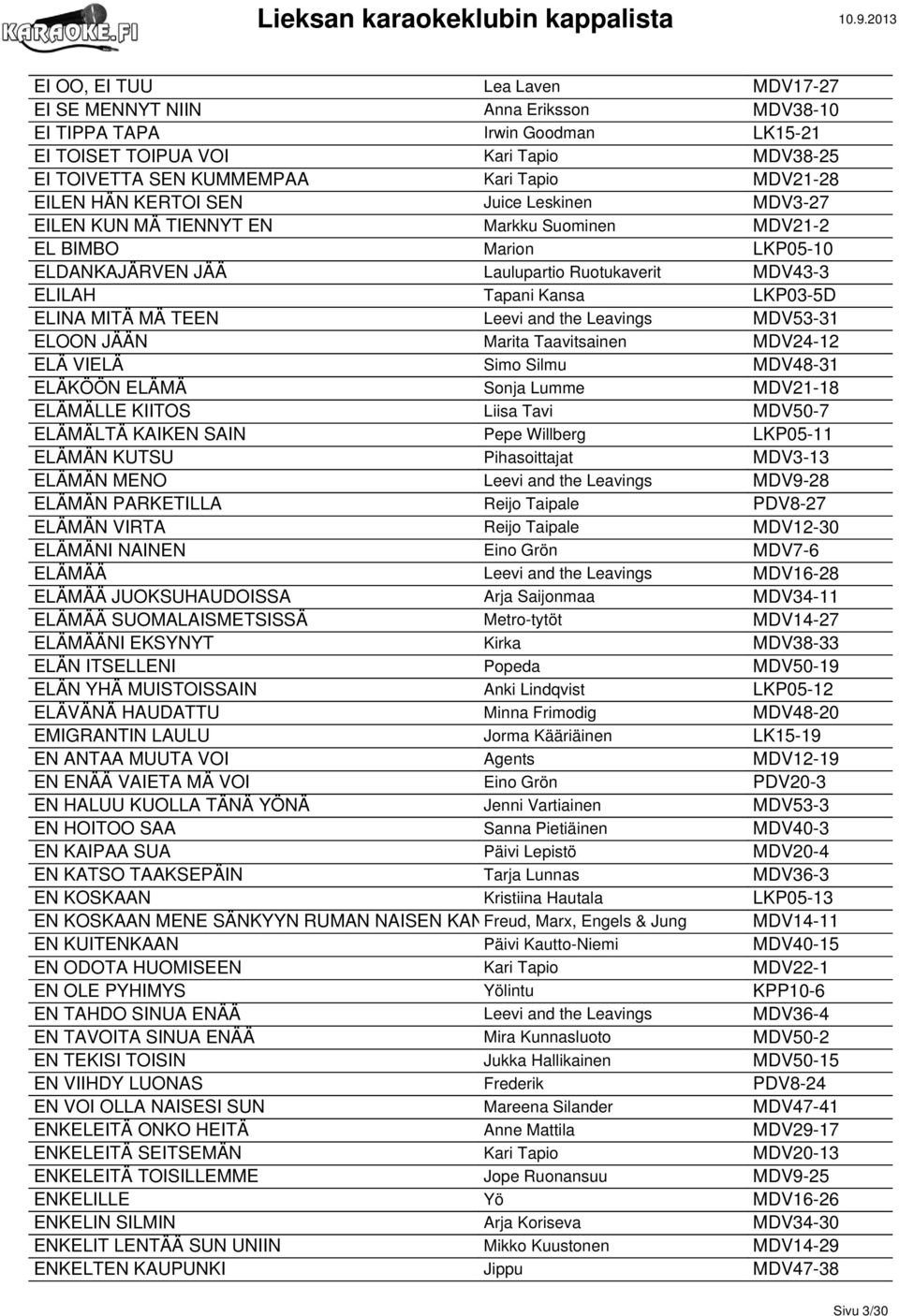 ELINA MITÄ MÄ TEEN Leevi and the Leavings MDV53-31 ELOON JÄÄN Marita Taavitsainen MDV24-12 ELÄ VIELÄ Simo Silmu MDV48-31 ELÄKÖÖN ELÄMÄ Sonja Lumme MDV21-18 ELÄMÄLLE KIITOS Liisa Tavi MDV50-7 ELÄMÄLTÄ
