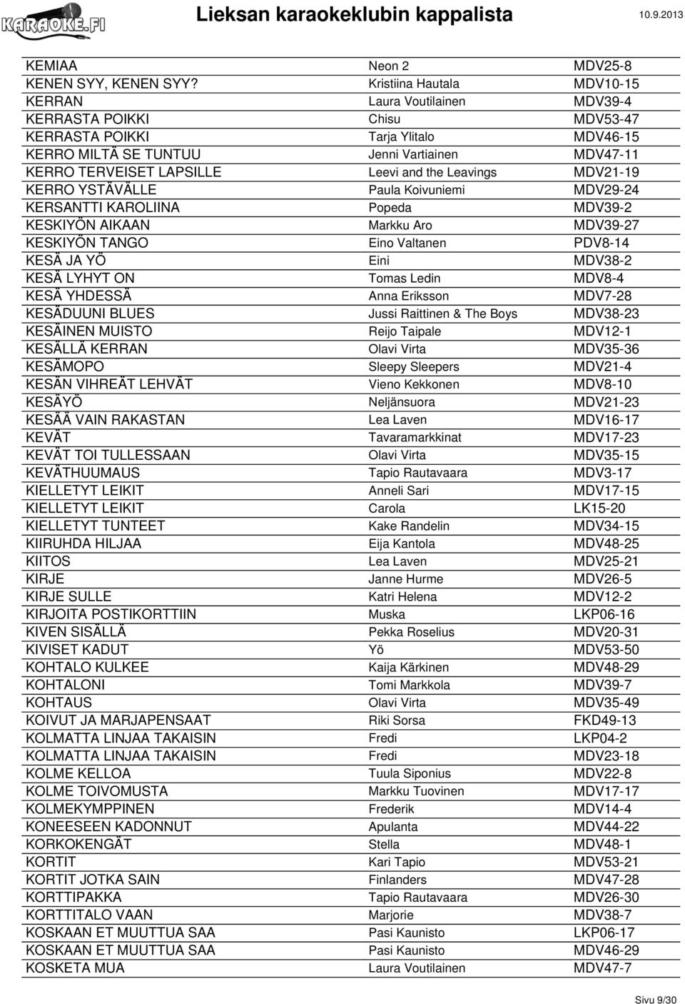 LAPSILLE Leevi and the Leavings MDV21-19 KERRO YSTÄVÄLLE Paula Koivuniemi MDV29-24 KERSANTTI KAROLIINA Popeda MDV39-2 KESKIYÖN AIKAAN Markku Aro MDV39-27 KESKIYÖN TANGO Eino Valtanen PDV8-14 KESÄ JA