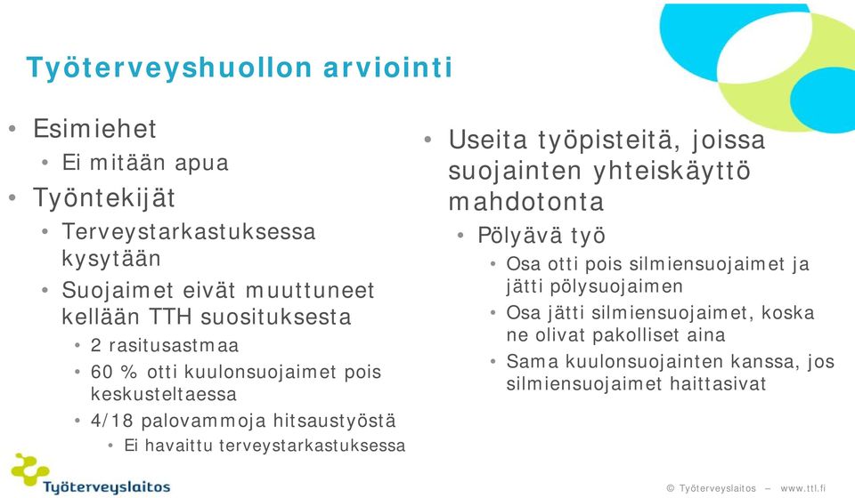 terveystarkastuksessa Useita työpisteitä, joissa suojainten yhteiskäyttö mahdotonta Pölyävä työ Osa otti pois silmiensuojaimet ja