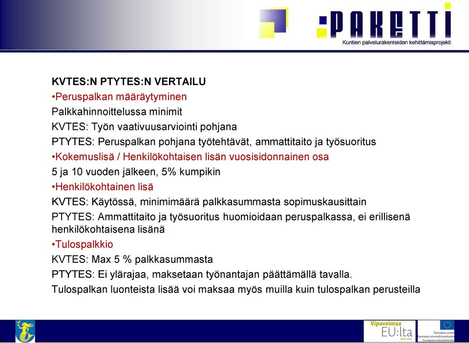 minimimäärä palkkasummasta sopimuskausittain PTYTES: Ammattitaito ja työsuoritus huomioidaan peruspalkassa, ei erillisenä henkilökohtaisena lisänä Tulospalkkio