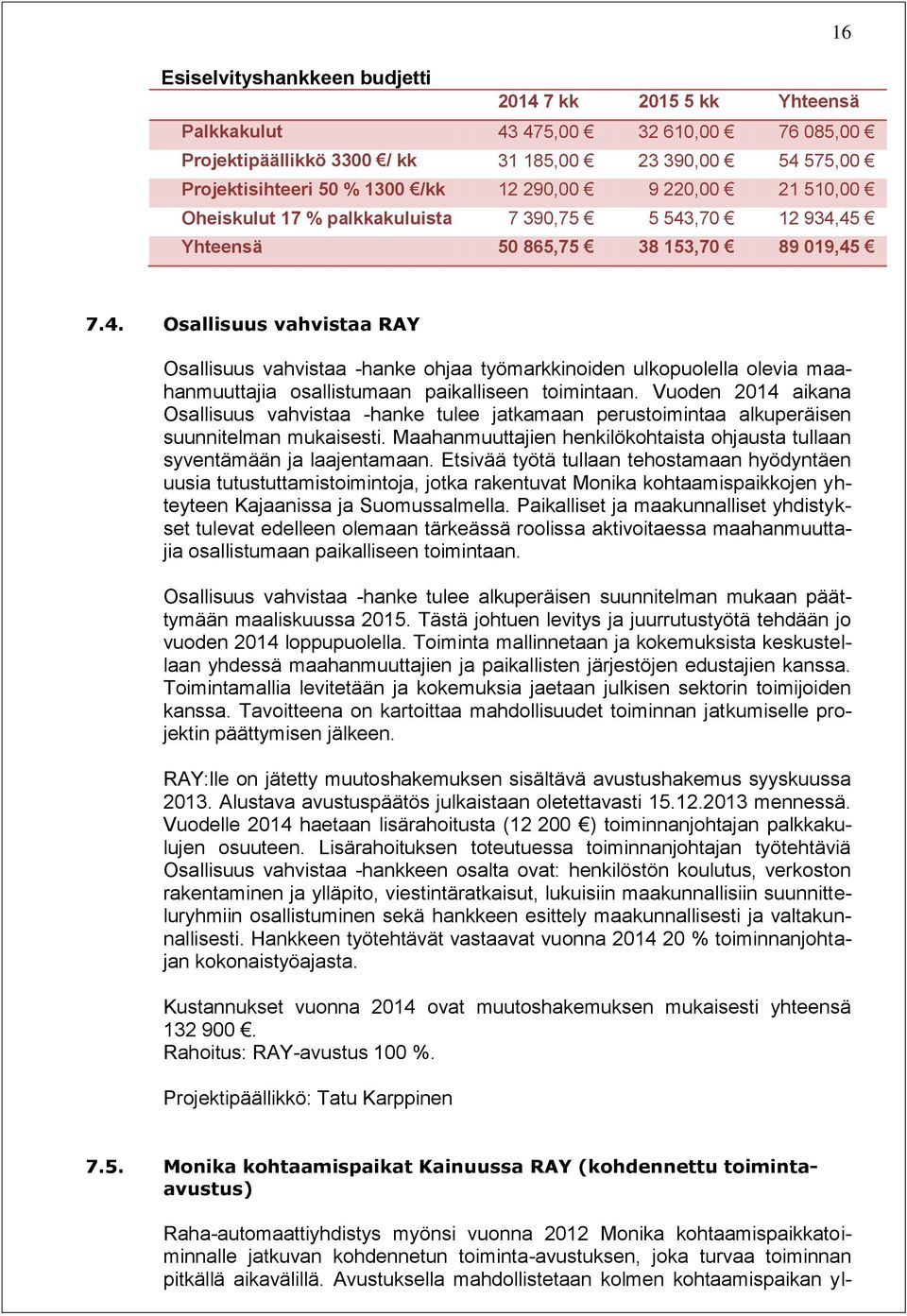 ,70 12 934,45 Yhteensä 50 865,75 38 153,70 89 019,45 7.4. Osallisuus vahvistaa RAY Osallisuus vahvistaa -hanke ohjaa työmarkkinoiden ulkopuolella olevia maahanmuuttajia osallistumaan paikalliseen toimintaan.