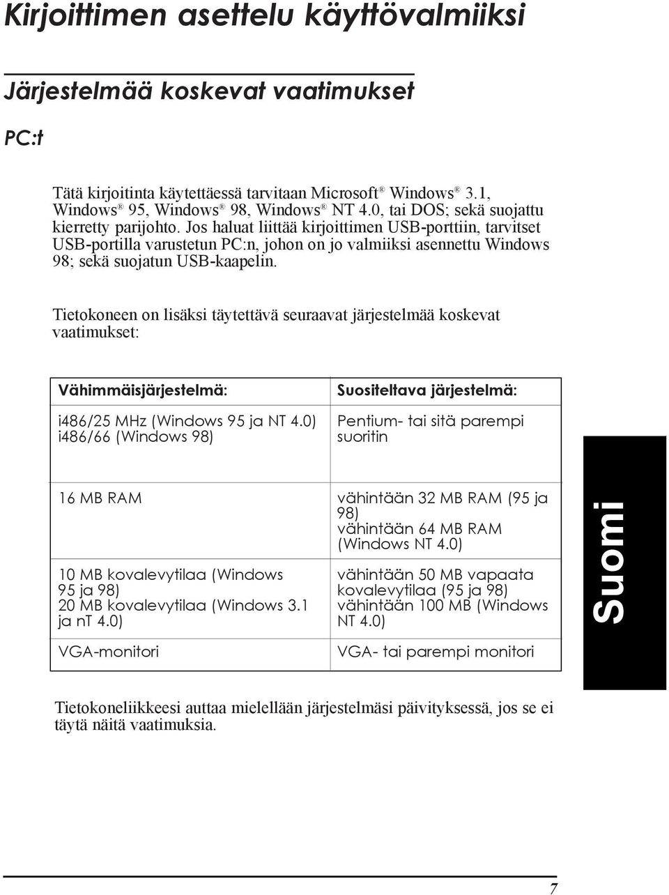 Jos haluat liittšš kirjoittimen USB-porttiin, tarvitset USB-portilla varustetun PC:n, johon on jo valmiiksi asennettu Windows 98; sekš suojatun USB-kaapelin.