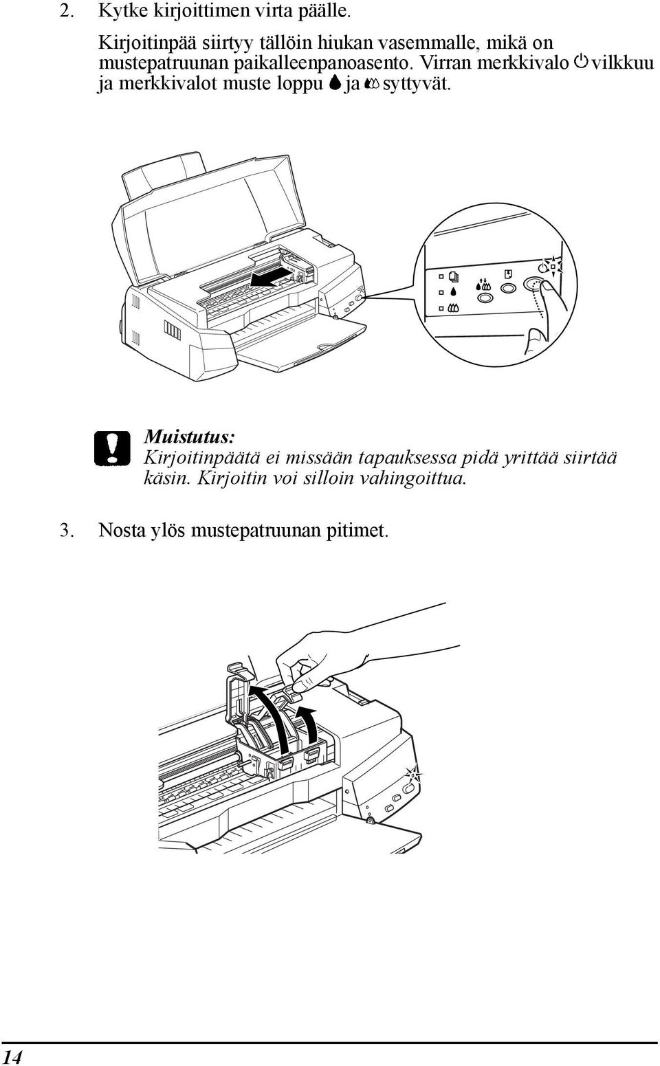 paikalleenpanoasento. Virran merkkivalo ja merkkivalot muste loppu ja syttyvšt.