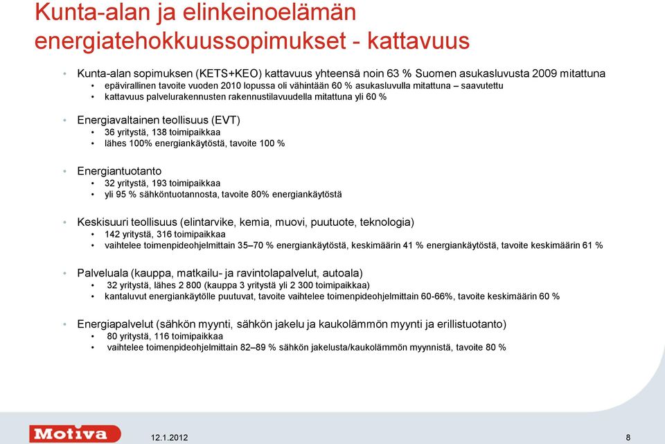 lähes 100% energiankäytöstä, tavoite 100 % Energiantuotanto 32 yritystä, 193 toimipaikkaa yli 95 % sähköntuotannosta, tavoite 80% energiankäytöstä Keskisuuri teollisuus (elintarvike, kemia, muovi,