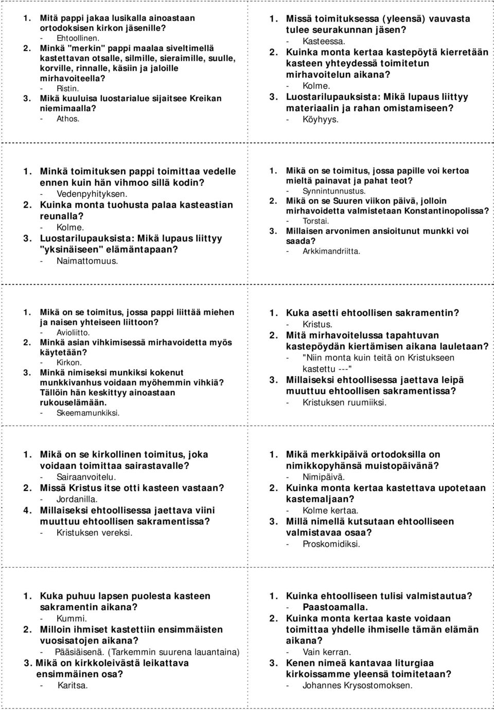 Mikä kuuluisa luostarialue sijaitsee Kreikan niemimaalla? - Athos. 1. Missä toimituksessa (yleensä) vauvasta tulee seurakunnan jäsen? - Kasteessa. 2.