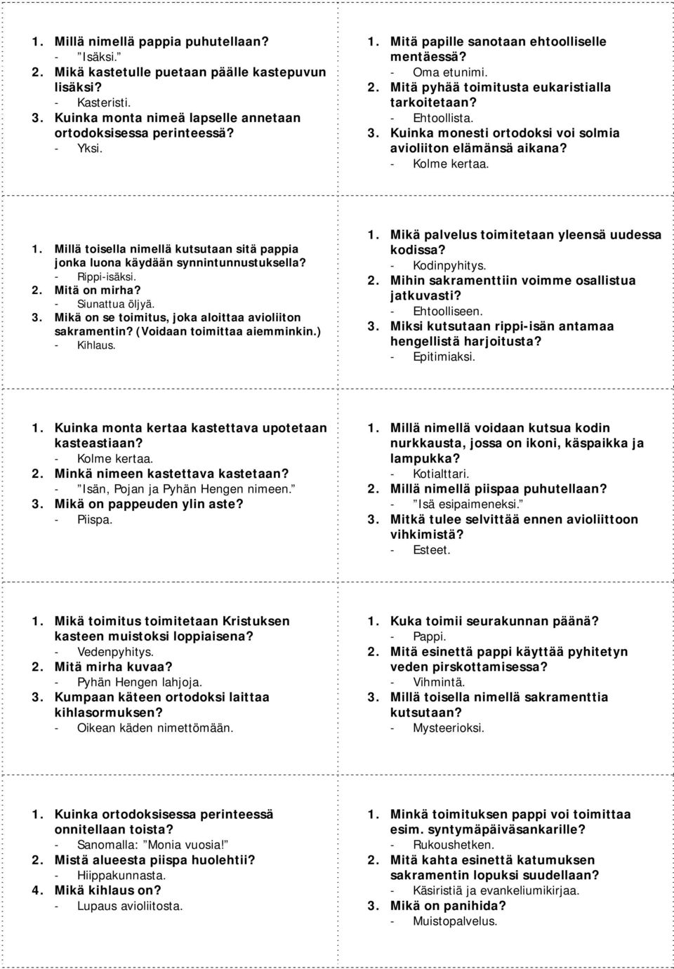 Millä toisella nimellä kutsutaan sitä pappia jonka luona käydään synnintunnustuksella? - Rippi-isäksi. 2. Mitä on mirha? - Siunattua öljyä. 3.