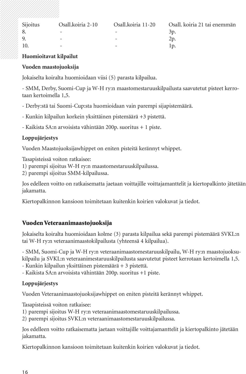 - SMM, Derby, Suomi-Cup ja W-H ry:n maastomestaruuskilpailusta saavutetut pisteet kerrotaan kertoimella 1,5. - Derby:stä tai Suomi-Cup:sta huomioidaan vain parempi sijapistemäärä.