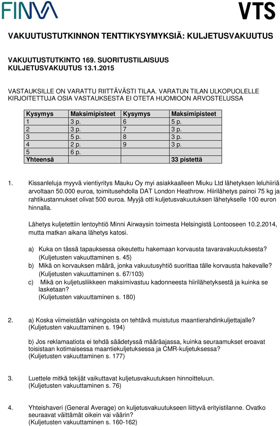 Yhteensä 33 pistettä 1. Kissanleluja myyvä vientiyritys Mauku Oy myi asiakkaalleen Miuku Ltd lähetyksen leluhiiriä arvoltaan 50.000 euroa, toimitusehdolla DAT London Heathrow.