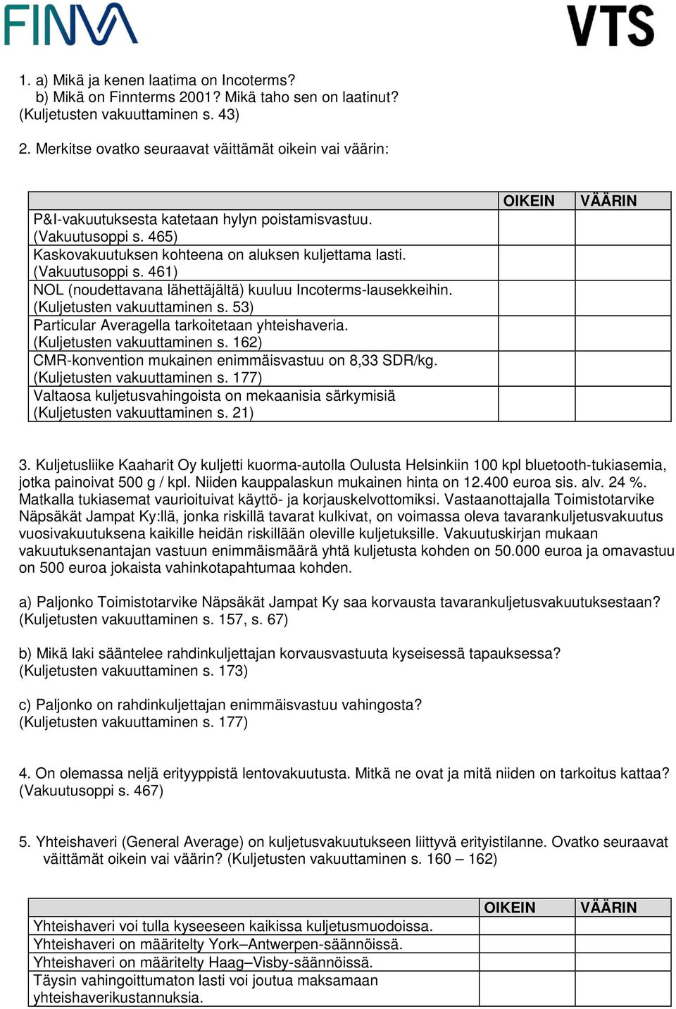 (Kuljetusten vakuuttaminen s. 53) Particular Averagella tarkoitetaan yhteishaveria. (Kuljetusten vakuuttaminen s. 162) CMR-konvention mukainen enimmäisvastuu on 8,33 SDR/kg.