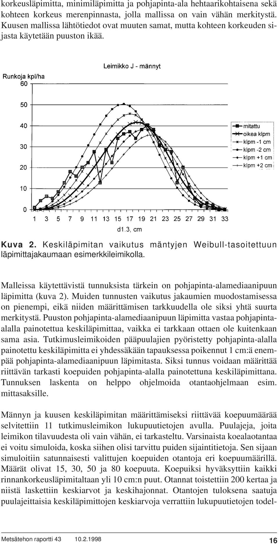 Keskiläpimitan vaikutus mäntyjen Weibull-tasoitettuun läpimittajakaumaan esimerkkileimikolla. Malleissa käytettävistä tunnuksista tärkein on pohjapinta-alamediaanipuun läpimitta (kuva 2).