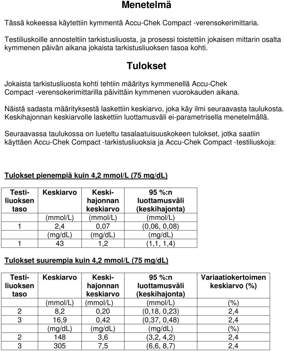 Tulokset Jokaista tarkistusliuosta kohti tehtiin määritys kymmenellä Accu-Chek Compact -verensokerimittarilla päivittäin kymmenen vuorokauden aikana.