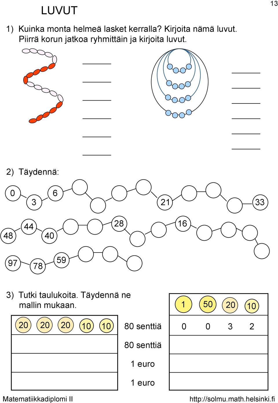 2) Täydennä: 0 3 6 21 33 48 44 40 28 16 97 78 59 3) Tutki taulukoita.