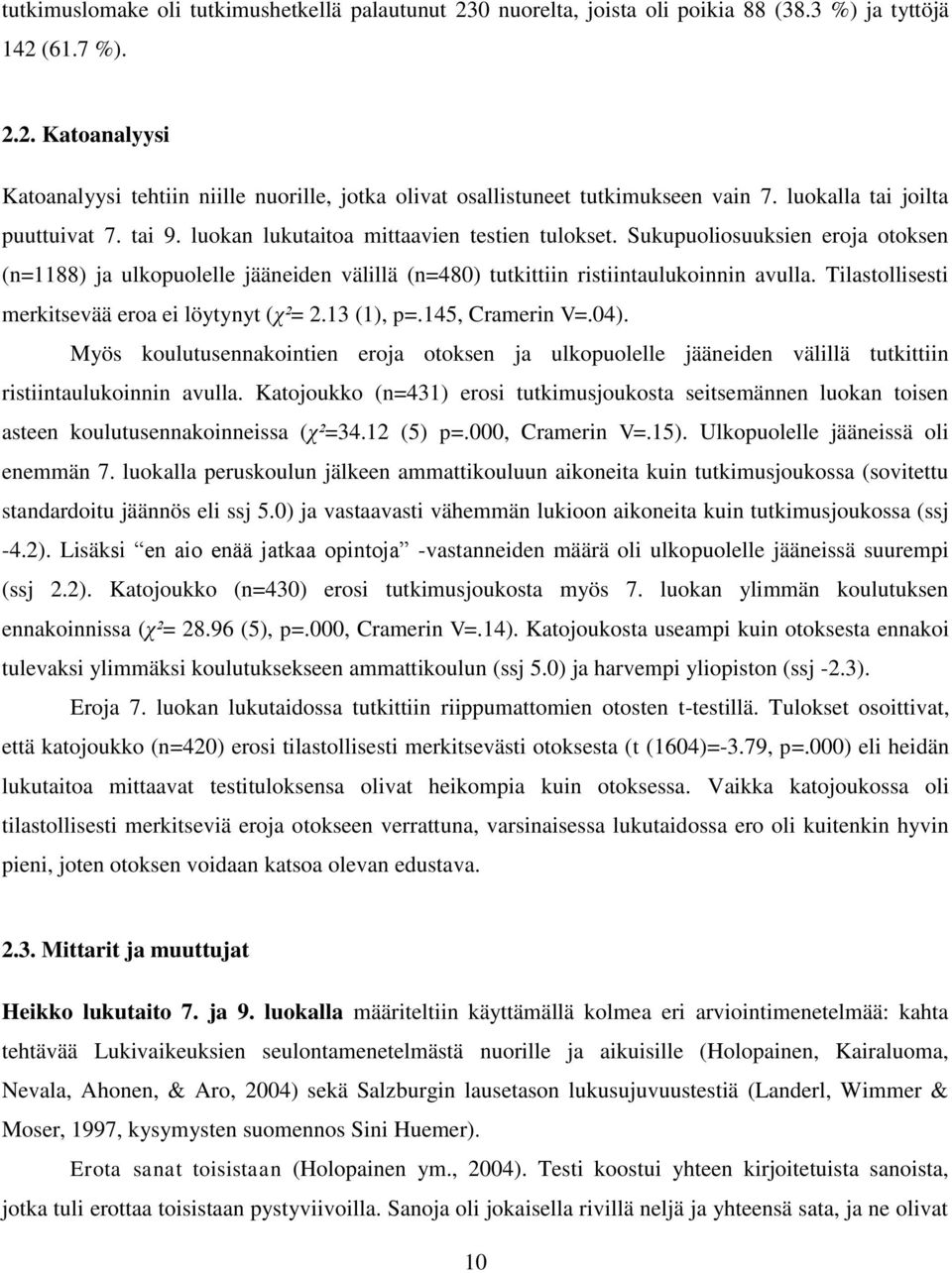 Sukupuoliosuuksien eroja otoksen (n=1188) ja ulkopuolelle jääneiden välillä (n=480) tutkittiin ristiintaulukoinnin avulla. Tilastollisesti merkitsevää eroa ei löytynyt (χ²= 2.13 (1), p=.