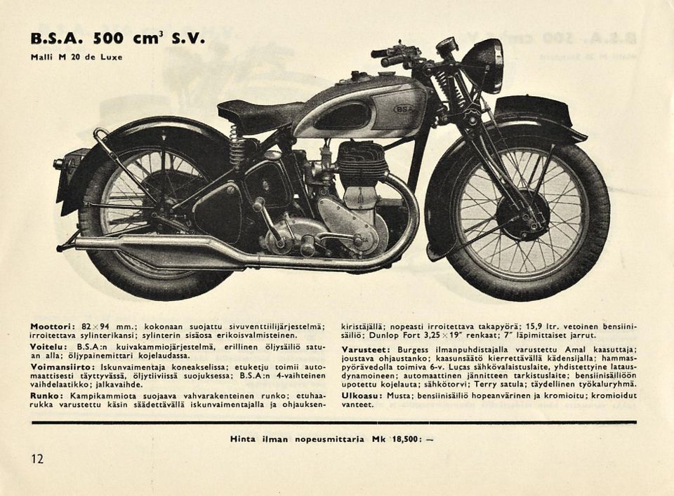 varustettu käsin säädettävällä iskunvaimentajalla ja ohjauksenkiristäjällä; nopeasti irroitettava takapyörä; 15,9 kr. vetoinen bensiinisäiliö; Dunlop Fort 3,25-19" renkaat; 7" läpimittaiset jarrut.