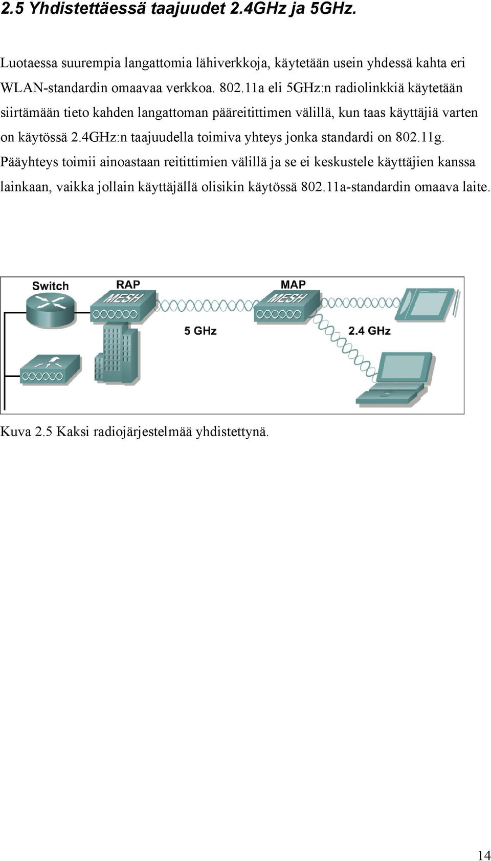11a eli 5GHz:n radiolinkkiä käytetään siirtämään tieto kahden langattoman pääreitittimen välillä, kun taas käyttäjiä varten on käytössä 2.