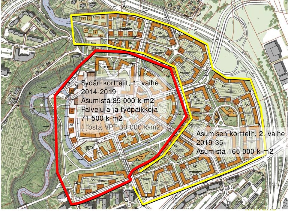 työpaikkoja 71 500 k-m2 ( josta VPT 30 000 k-m2) Asumisen