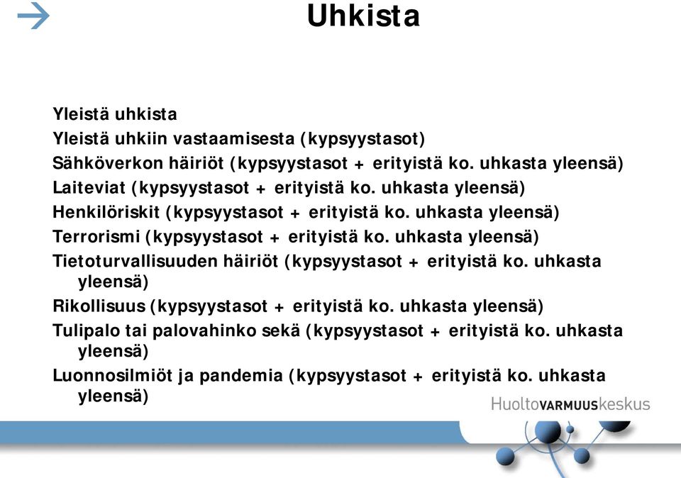 uhkasta yleensä) Terrorismi (kypsyystasot + erityistä ko. uhkasta yleensä) Tietoturvallisuuden häiriöt (kypsyystasot + erityistä ko.