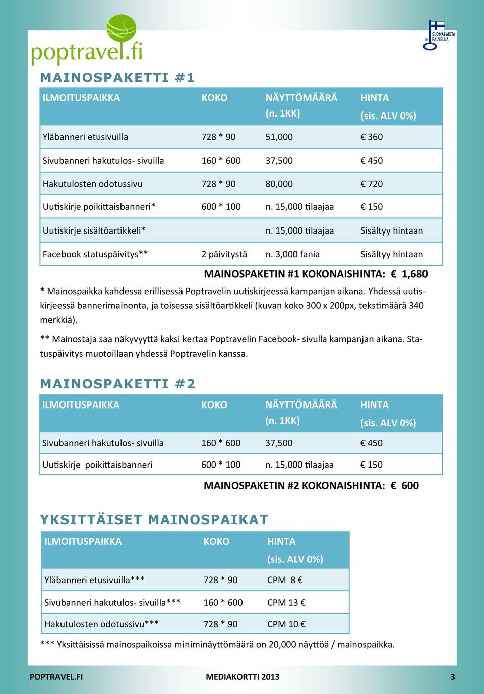 15,000 laajaa 150 Uu skirje sisältöar kkeli* n. 15,000 laajaa Sisältyy hintaan Facebook statuspäivitys** 2 päivitystä n.