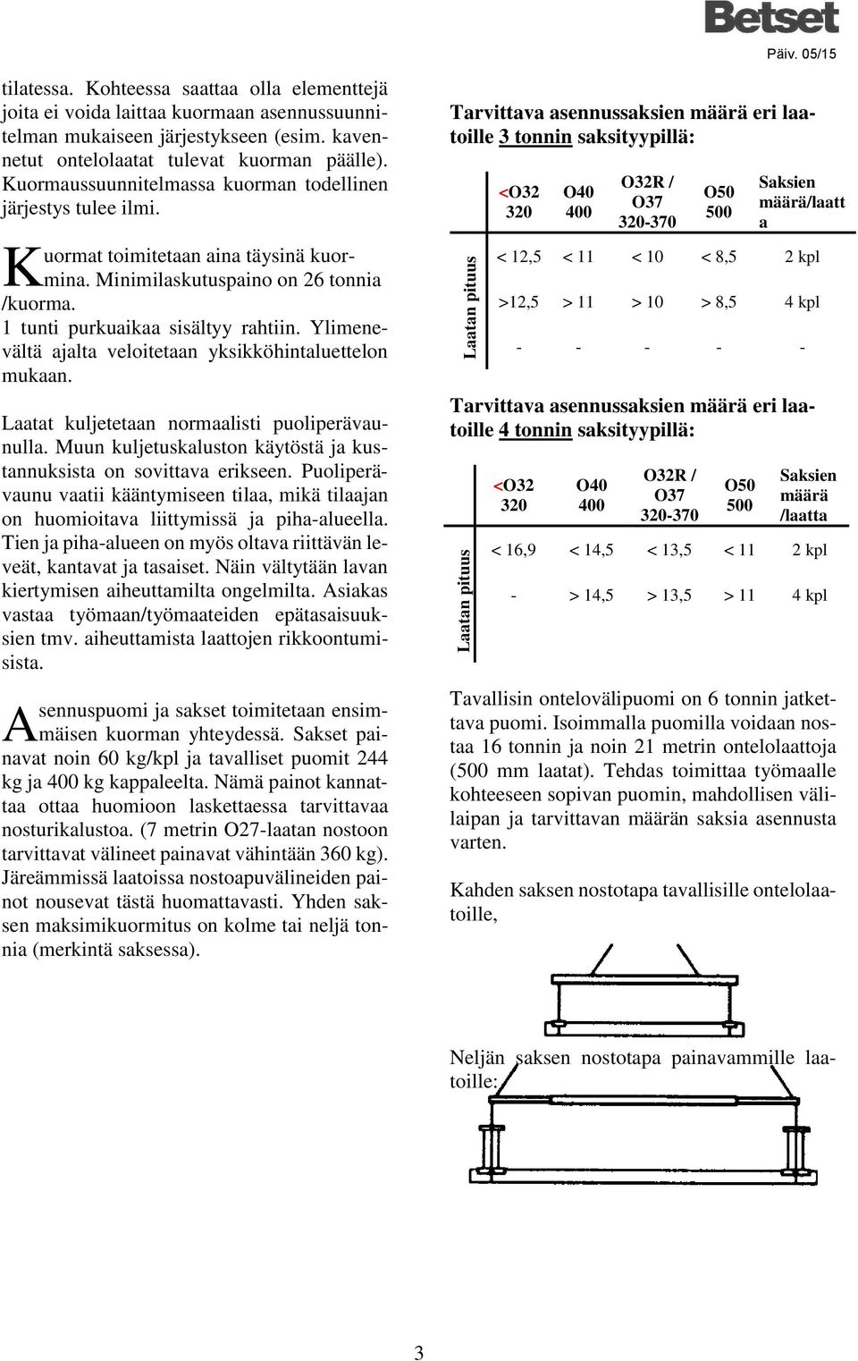 Ylimenevältä ajalta veloitetaan yksikköhintaluettelon mukaan. Laatat kuljetetaan normaalisti puoliperävaunulla. Muun kuljetuskaluston käytöstä ja kustannuksista on sovittava erikseen.