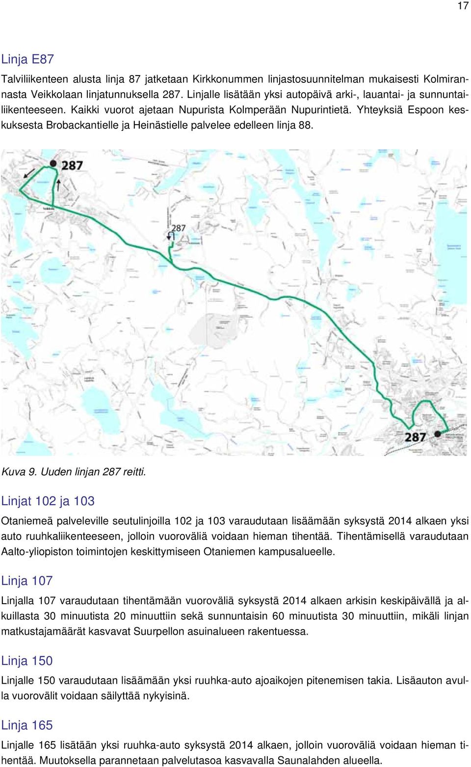 Yhteyksiä Espoon keskuksesta Brobackantielle ja Heinästielle palvelee edelleen linja 88. Kuva 9. Uuden linjan 287 reitti.