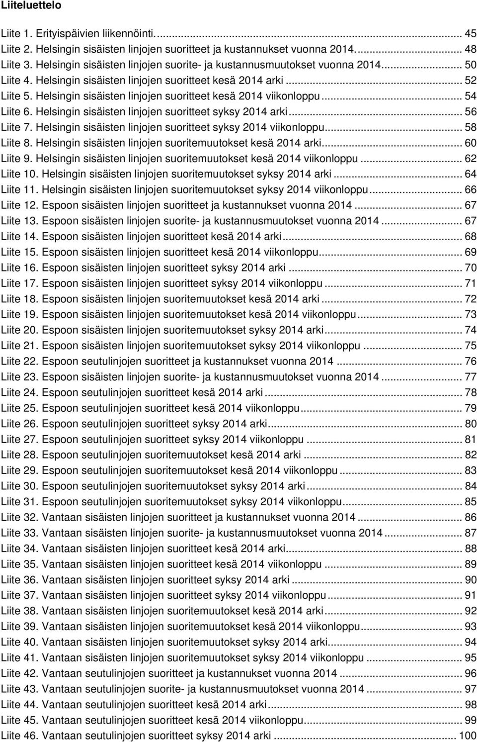 Helsingin sisäisten linjojen suoritteet kesä 2014 viikonloppu... 54 Liite 6. Helsingin sisäisten linjojen suoritteet syksy 2014 arki... 56 Liite 7.