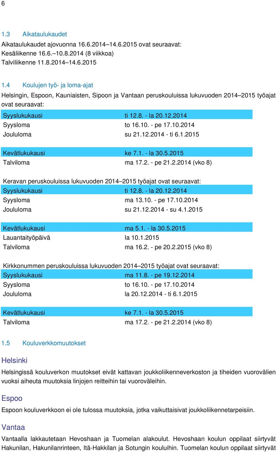 - pe 17.10.2014 Joululoma su 21.12.2014 - ti 6.1.2015 Kevätlukukausi ke 7.1. - la 30.5.2015 Talviloma ma 17.2. - pe 21.2.2014 (vko 8) Keravan peruskouluissa lukuvuoden 2014 2015 työajat ovat seuraavat: Syyslukukausi ti 12.